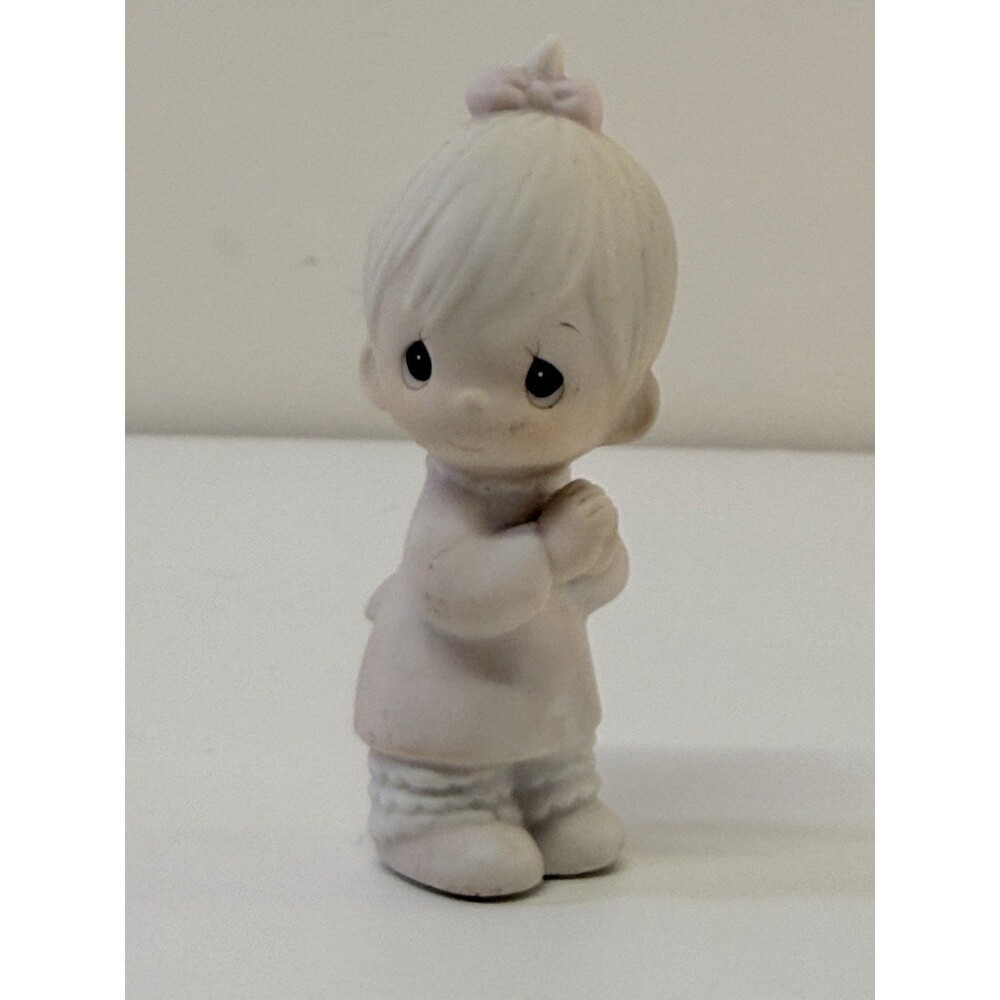 Porcelain Girl Figurine White Dress Pink Bow Matte Finish 3 in Unboxed
